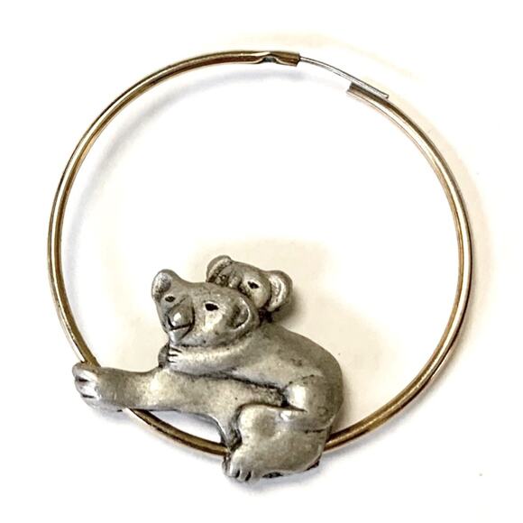 HOOP EARRINGS Gold-tone w/Pewter Colored Mamma & Baby Koala Bears, Approx.1 1/2” - Picture 3 of 7